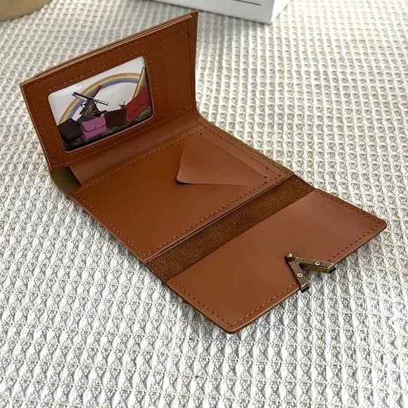 Vegan Leather Trifold Chic Two-Tone Brown Envelope Wallet with Gold Accent - Picture 3 of 3